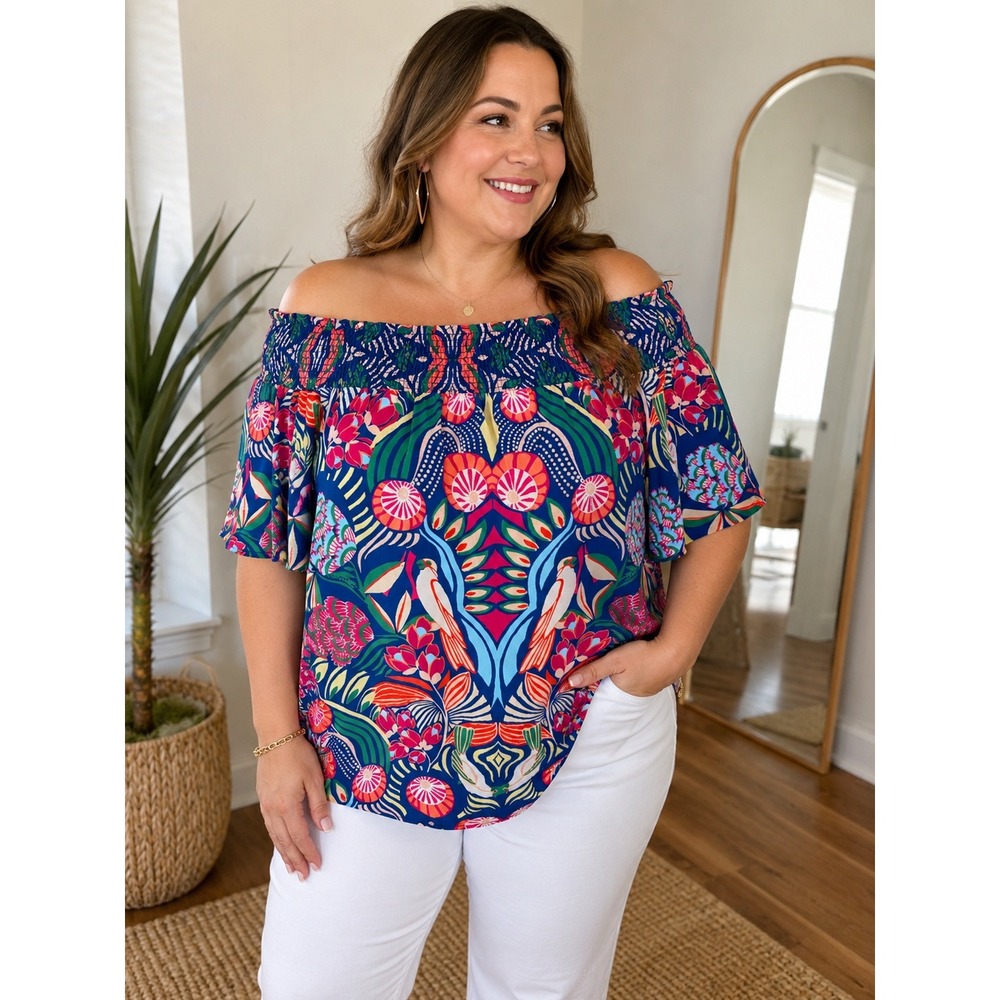 Flying Tomato Off The Shoulder Smocked Floral Bird Blouse Blue L Vacation Resort